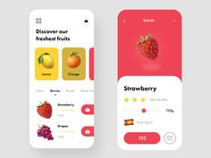 two mobile screens showing different fruits and vegetables, one with the word strawberry on it