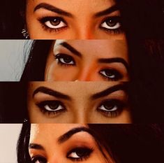 four different pictures of a woman's eyes and eyebrows with the same makeup style