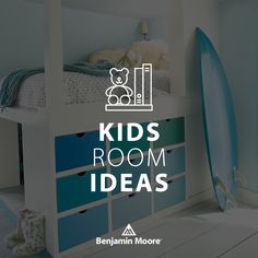 kids'room ideas with a surfboard and bunk bed in the foreground text reads, kids room ideas