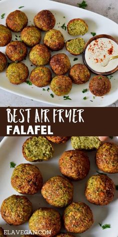 the best falafel recipe is served on a white plate with dipping sauce