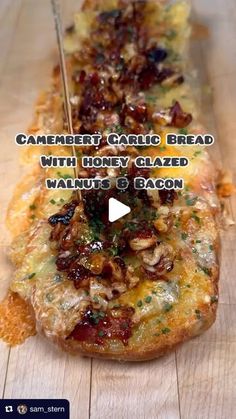 Yummy & Easy by Lama Khatib on Instagram: "Repost from @sam_stern
•This looks so delicious! 🤤 thanks for the recipe @sam_stern 😍
Camembert garlic bread with honey glazed walnuts and bacon. 
I think we can all agree that garlic bread is the best thing ever. Add some camembert and it gets better. Top all that with a sweet, salty and crunchy walnut and bacon crumb? Even better. Who wants it?
Recipe:
1/2 large ciabatta 
50g soft salted butter 
2-3 cloves garlic, crushed 
A handful of parsley, roughly chopped 
Seasoning
1 250g Camembert, fridge temp. 

4 slices streaky bacon 
a large handful of walnut halves, cut into small pieces 
1/2tsp chilli flakes 
2-3 tbsp honey 
Chives, finely sliced 

1. Preheat the oven to 180c fan. 
2. Combine the butter, garlic, parsley and seasoning. Spread this o Honey Glazed Walnuts, Bread With Honey, Glazed Walnuts, Bread Soup, Honey Glazed, Charcuterie Inspiration, Cheesy Bread, Honey Glaze, Party Food And Drinks