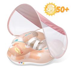 an inflatable baby float is shown with the cover open and it's inside