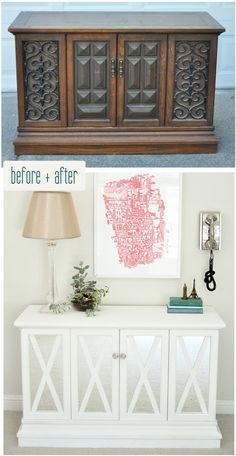 before and after photos of an old buffet table makeover with white paint, wood grained doors