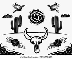 a bull skull and cactus with birds flying around it