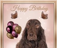 a happy birthday card with a brown dog and some balloons in front of the image