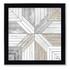 a white and grey tile design with wooden planks on the wall in an abstract manner