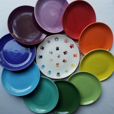 many different colored plates are arranged in the shape of a dog's paw print