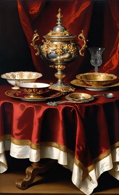 a painting of gold and silver dishes on a red table cloth