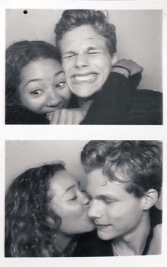 black and white photo of two people kissing each other with one woman's face on her cheek