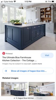 an image of a kitchen with blue cabinets and white counter tops, in the middle of two screenshots