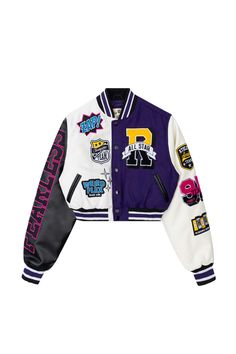 MELTON WOOL CROP FASHION VARSITY JACKET PURPLE - Smoke Rise Balmer Jacket Outfits, Diy Varsity Jacket, Women Varsity Jacket, Black Letterman Jacket, Purple Fashion Outfit, Custom Letterman Jacket, Varsity Design, Purple Color Block