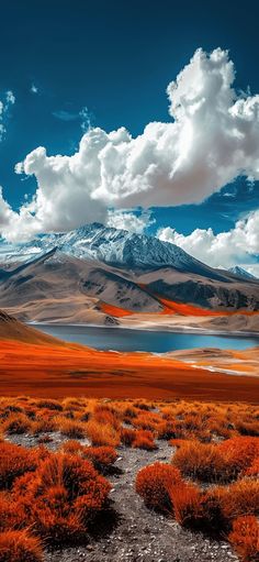 the mountains are covered in snow and orange grass, with blue skies above them as clouds loom overhead