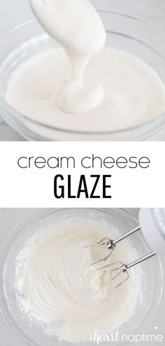 cream cheese glaze in a glass bowl with a whisk on the side