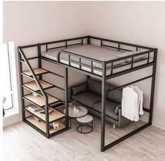 a loft bed with stairs to the top and storage space below it, in a room with white walls