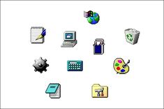 an image of different types of computer icons on a white background with black border around them