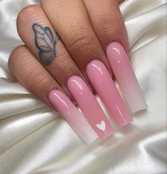 Ombre Nails With Heart, Valentines Ombre Nails, Ombre Valentines Nails, Square Nails Long, Tapered Square Nails, Hippie Nails, Long Acrylic Nail Designs, Acrylic Nails Coffin Pink