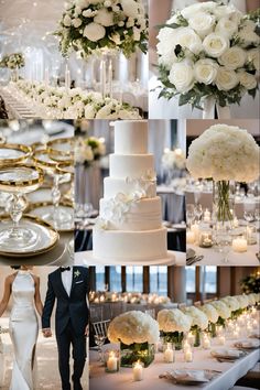 a collage of photos with white flowers, candles and wedding cake in the middle