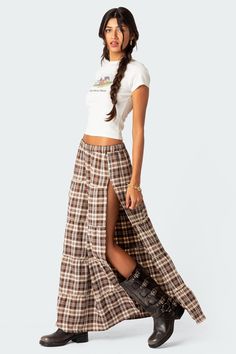 PRODUCT INFO Maxi skirt Tiered design Elastic waistband Plaid pattern Polyester, Spandex Model wears size S Model height is 5'6 Item care: Wash with similar color Flannel Skirt Outfit, Plaid Maxi Skirt Outfit, Long Plaid Skirt Outfit, Thrifty Outfits, Grunge Skirts, Long Skirt Vintage, Retro Skirts, Long Skirt Pattern