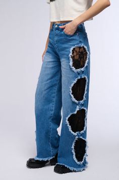 CUT OUT DETAIL WIDE LEG JEAN Reworked Wide Leg Denim Bottoms, Reworked Denim Blue Wide Leg Bottoms, Wide Leg Deconstructed Denim Jeans, Reworked Wide-leg Denim Blue Bottoms, Non-stretch Wide Leg Patchwork Jeans, College Wardrobe, Denim Bottoms, Cut Outs, Floral Lace