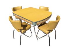 a yellow table and four chairs with one chair up against the other, in front of a white background