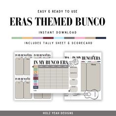 the easy to use eras themed buno planner is shown in black and white, with text