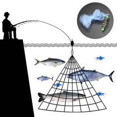 a man standing on top of a wire structure next to fish and a fishing rod