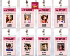 six id badges with the names of different people in pink, white and black on them