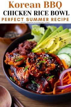 korean bbq chicken rice bowl with carrots, cucumber and lettuce