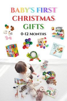 baby's first christmas gifts for 0 - 12 months with toys and books on the floor