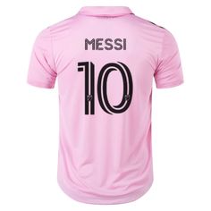 a pink soccer jersey with the number 10 on it and black lettering that reads messi