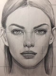 a pencil drawing of a woman's face with different angles and lines on it