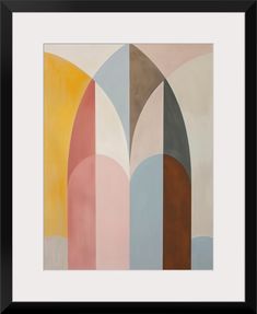 an abstract painting with different colors and shapes in black frame on the wall above it