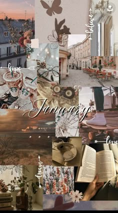 a collage of images with the words january written in different languages and pictures of flowers