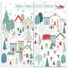 two christmas cards with houses and trees on them