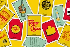 many different types of food and drink labels on a yellow background with red, white, and blue colors