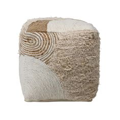 a white and brown stool with an abstract design on it's back side, against a white background