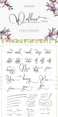 the wedding calligraphy script with flowers and leaves on it is shown in two different font styles