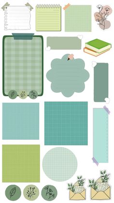 a collection of papers and stickers that include flowers, plants, and envelopes