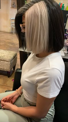 Intense Money Piece Hair, 1/4 Hair Dye, Short Dark Hair With Platinum Highlights, Half And Half Hair Color Side Part, Half Head Color Hair, Undercut Hairstyles Women 2023, Black Hair With Blonde Peekaboos Short, Short Black Hair With Blonde Streak, Blonde Peekaboos On Dark Hair Short