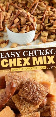 easy churro chex mix in a white bowl and on top of other snacks