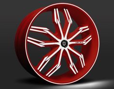 a red wheel with white spokes is shown in this 3d rendering image, it appears to be made out of metal