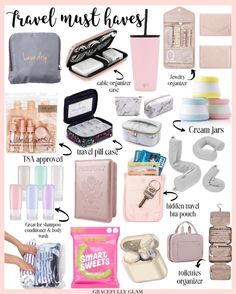 travel must haves for women in pink, white and grey colors with text overlay