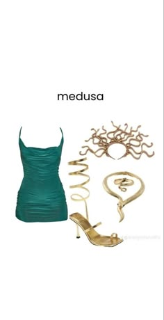 a woman's dress and shoes with the words medusa