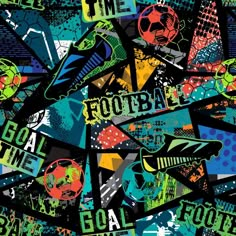 a colorful background with different types of football stickers on it's sides and the words time to football written in bold, multicolored letters