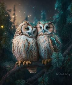 two owls sitting on top of a tree branch in front of a night sky with stars