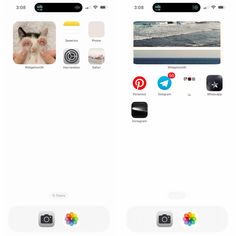 two screens showing different images and icons on the same screen, one with a cat's face