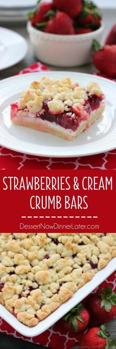 strawberries and cream crumb bars on plates