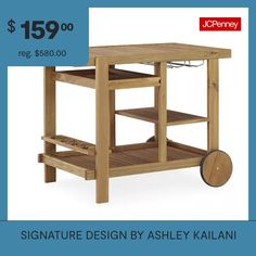 an advertisement for a kitchen island with wheels on the front and side, featuring a wooden table