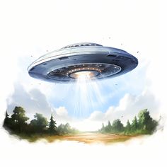 an alien ship flying through the sky over a forest filled field with trees and grass