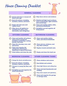 the house cleaning checklist is shown in purple and blue, with instructions to clean it